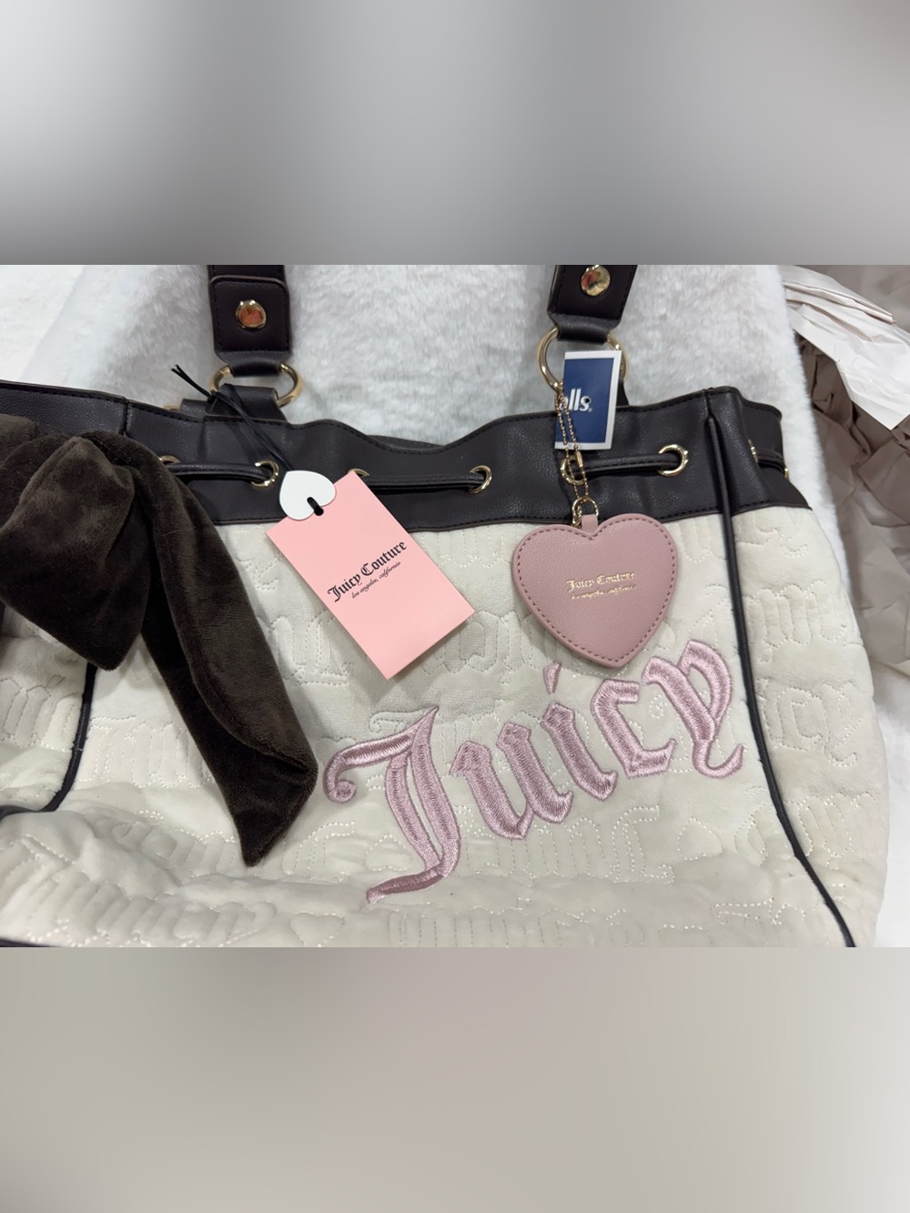 NWT Juicy Couture Cream Quilted Tote with Pink Heart Charm and Brown Trim